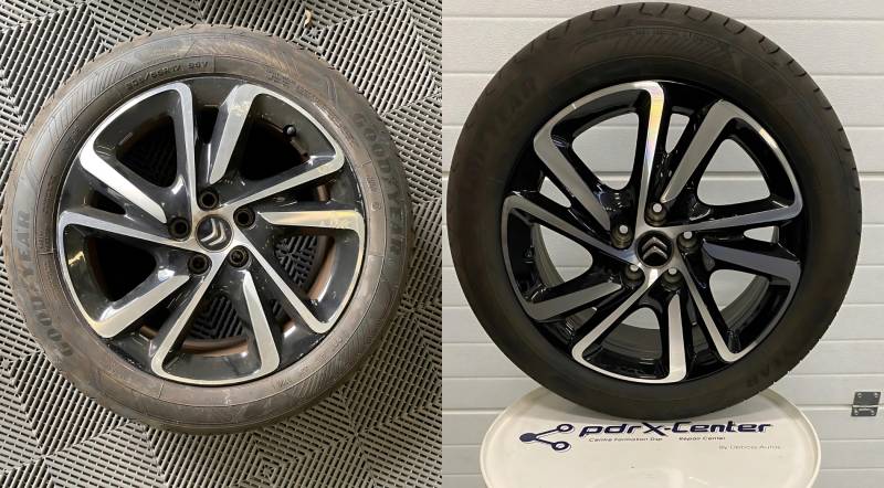 Jante alu Citroën effet bi-ton poli diamantée avant et après reconditionnement